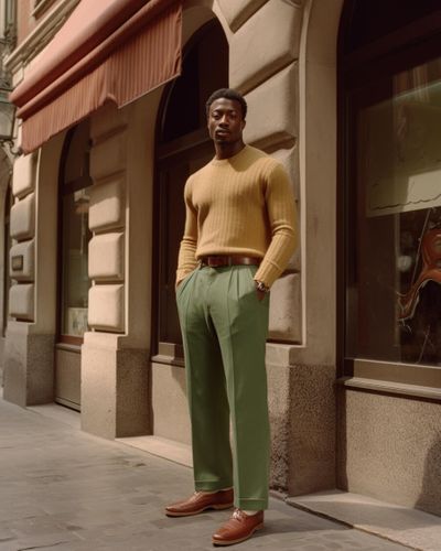 Green Linen Trousers with Yellow Jumper